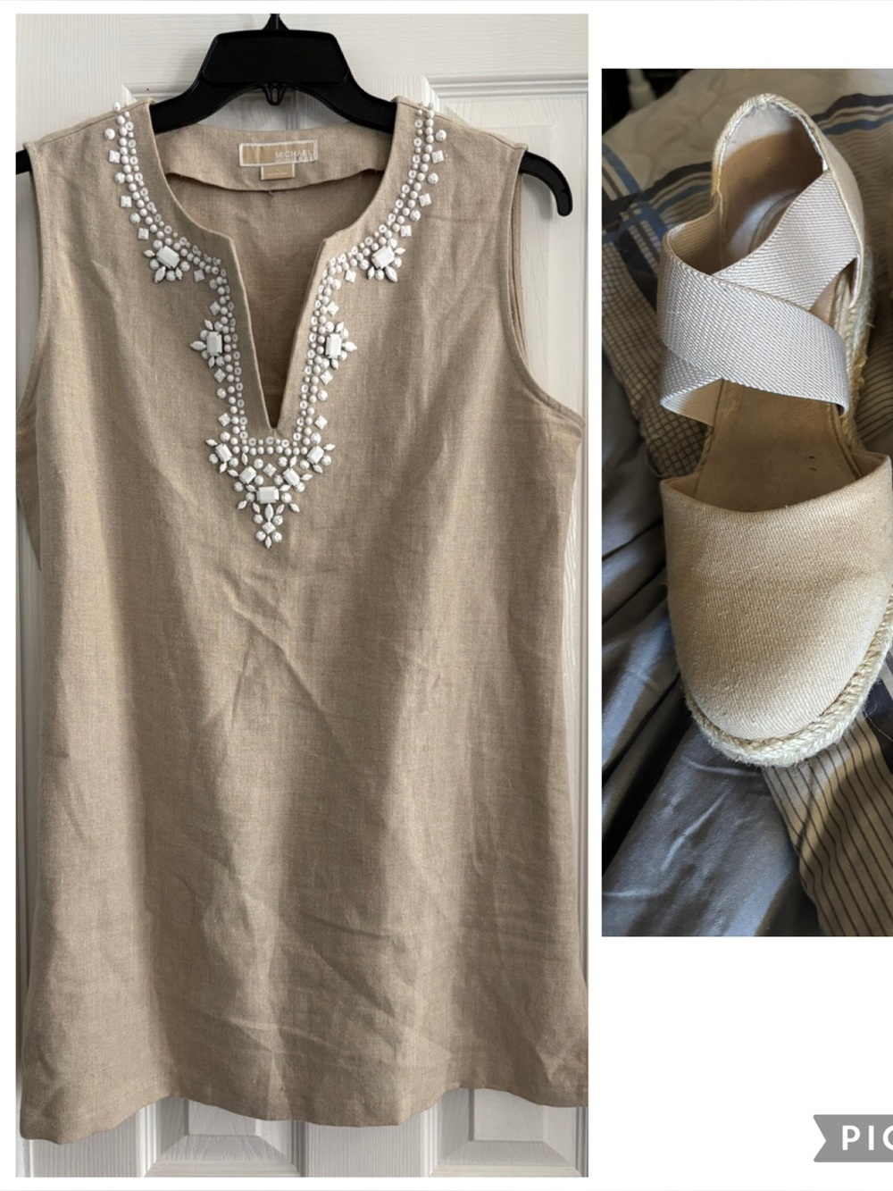 Bundle MICHAEL Michael Kors Beige Linen Beaded Tunic & beige espadrille size 8